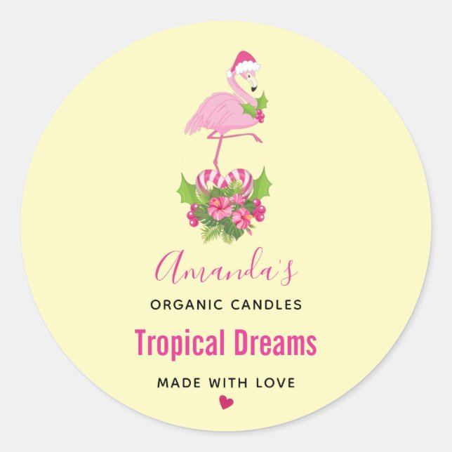 Pegatina Redonda Flamingo rosado en Vela caprichosa de Santa Hat (Anverso)