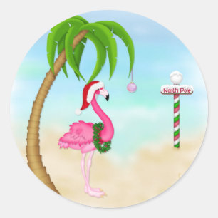 Pegatina Redonda Flamingo Rosado Fiesta Tropical