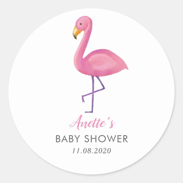 Pegatina Redonda Flamingo Rosado Moderno Baby Shower Gracias (Anverso)