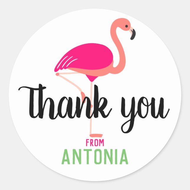 Pegatina Redonda Flamingo Rosado Tropical Gracias Personalizado (Anverso)