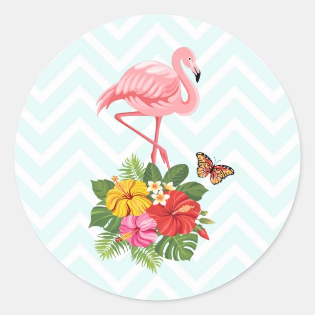 Pegatina Redonda Flamingo rosado y flamante tropical hibiscus (Anverso)