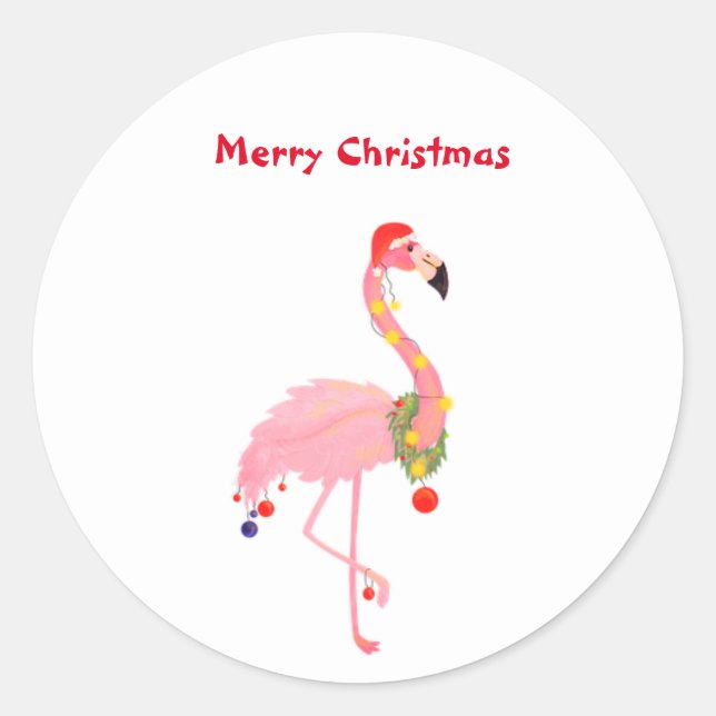 Pegatina Redonda Flamingo Santa Hat Feliz Navidad Clásica Ronda S (Anverso)