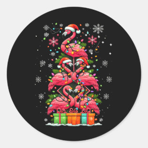 Pegatina Redonda Flamingo Santa Hat Xmas enciende el Anim del árbol