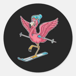 Pegatina Redonda Flamingo Skip Fun Winter Sports
