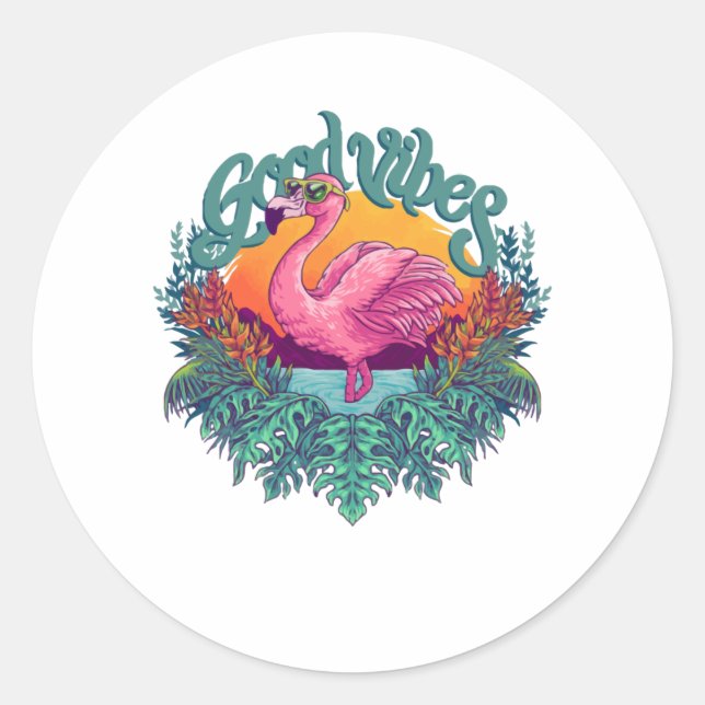 Pegatina Redonda Flamingo tropical (Anverso)
