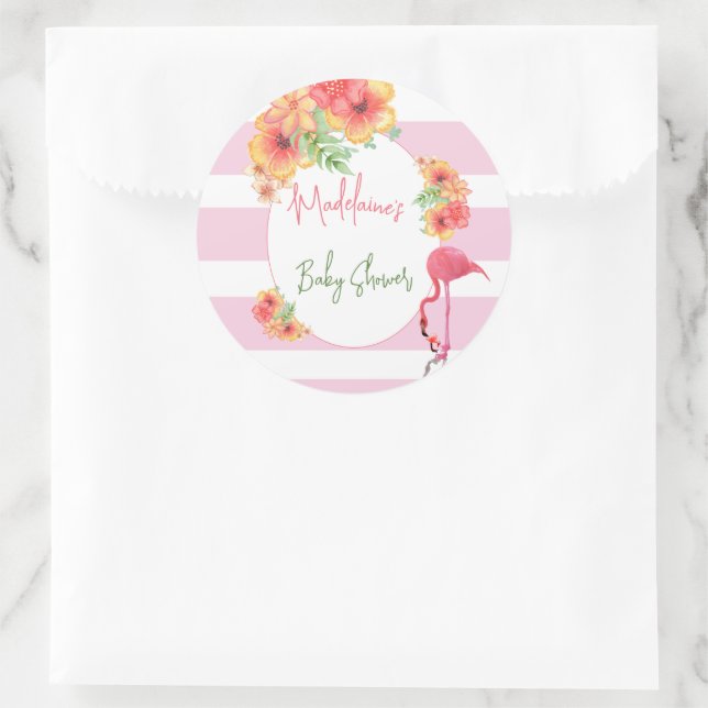 Pegatina Redonda Flamingo Tropical Baby Shower de banda rosa (Bolso)
