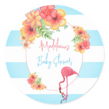 Flamingo Tropical Blue Stripe Baby Shower