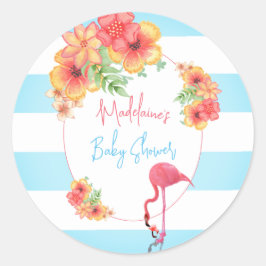 Pegatina Redonda Flamingo Tropical Blue Stripe Baby Shower