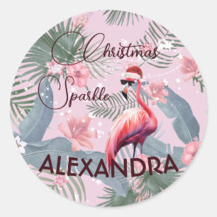 Pegatina Redonda Flamingo Tropical Personal
