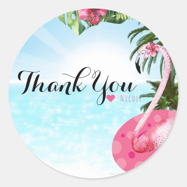 Pegatina Redonda Flamingo Verano Aniversario PISCINA Playa FIESTA (Anverso)