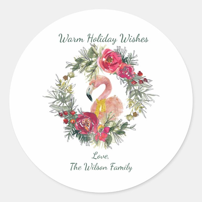 Pegatina Redonda Flamingo Wreath Warm Holiday Wiers Personalizado (Anverso)