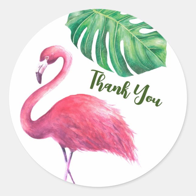 Pegatina Redonda Flamingo y hojas tropicales gracias (Anverso)