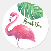 Flamingo y hojas tropicales gracias