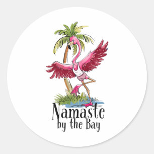 Pegatina Redonda Flamingo Yoga Namaste Por El Y Palmeras Playa Vi