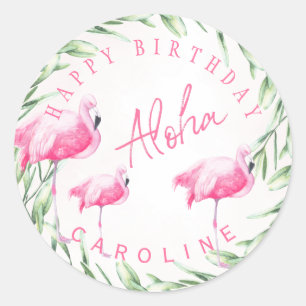 Pegatina Redonda Flamingos rosados Aloha feliz cumpleaños tropical