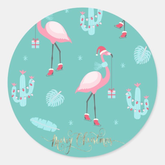 Pegatina Redonda Flamingos Santa Hat presenta copos de nieve (Anverso)