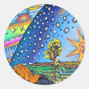 Pegatina Redonda Flammarion Woodcut Flat Earth Design Square COLOR
