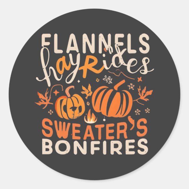 Pegatina Redonda Flanels Hayrides Pumpkins Sweaters Bonfires (Anverso)