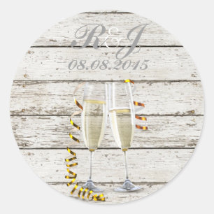Pegatina Redonda flautas de champán de madera blanqueada de campo f