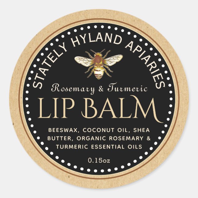 Pegatina Redonda Flaved Lip Balm Beeswax Honeybee Kraft Black (Anverso)