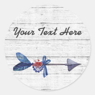 Pegatina Redonda Flecha Bohemia Gitana Plumas y Cuentas Madera Rúst