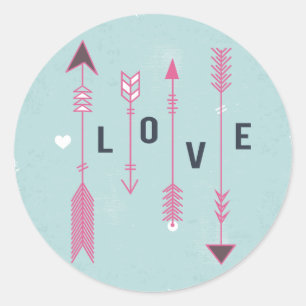 Pegatina Redonda Flechas de Amor Shabby Chic Azul y Rosa Vintage