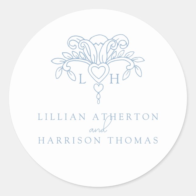 Pegatina Redonda Fleur de lis boda gracias favor azul blanco (Anverso)