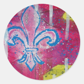Pegatina Redonda Fleur de Lis con magenta, azul y amarillo