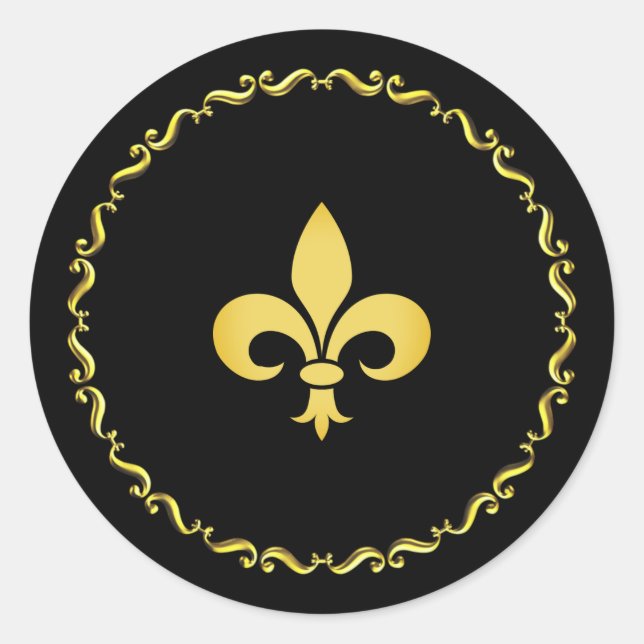 Pegatina Redonda Fleur de Lis dorada sobre negro (Anverso)