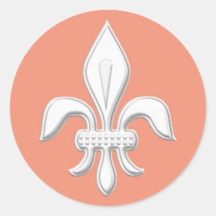 Pegatina Redonda Fleur de Lis en blanco sobre rosa/rosa de coral cl