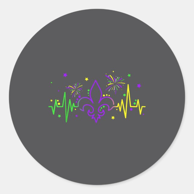 Pegatina Redonda Fleur De Lis Heartbeat Nurse Mardi Gras Carnival M (Anverso)