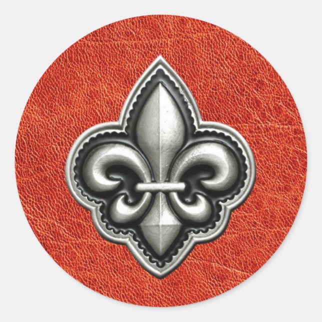 Pegatina Redonda Fleur de Lis sobre la mirada de cuero rojo (Anverso)