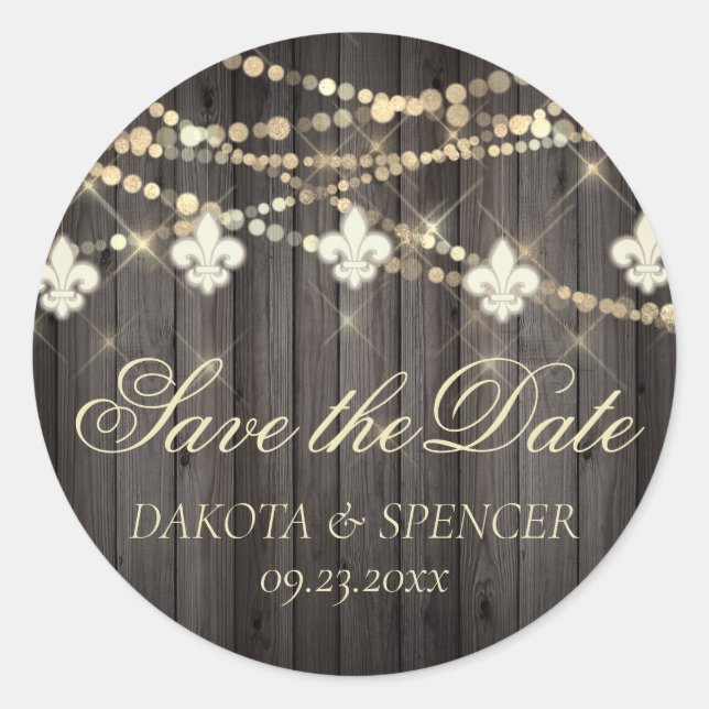 Pegatina Redonda Fleur de Lis | Wood Save the Date (Anverso)