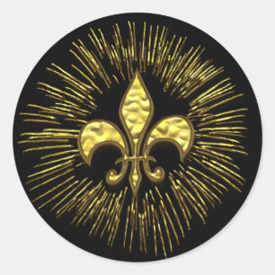 Pegatina Redonda Fleur de oro negro de Lis con chispas