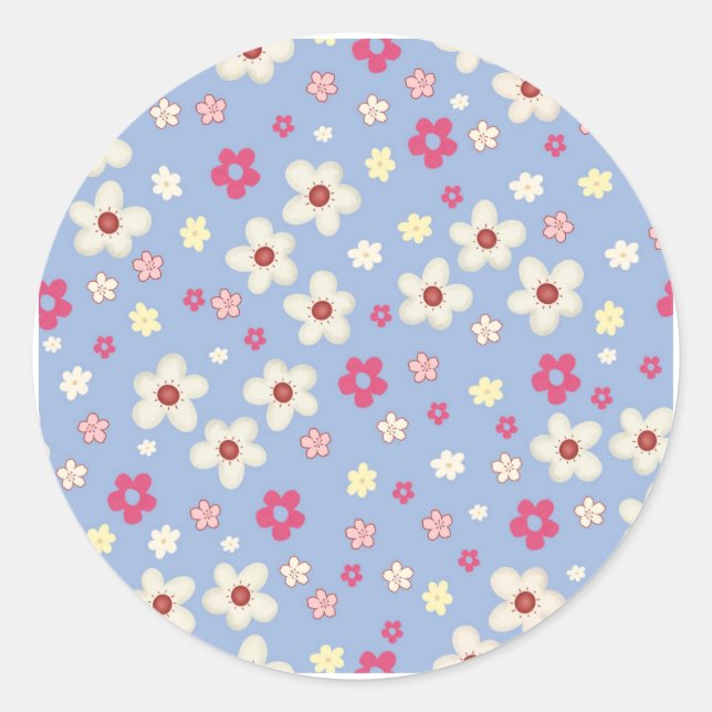 Pegatina Redonda fleurs printanières sur fond bleu (Anverso)