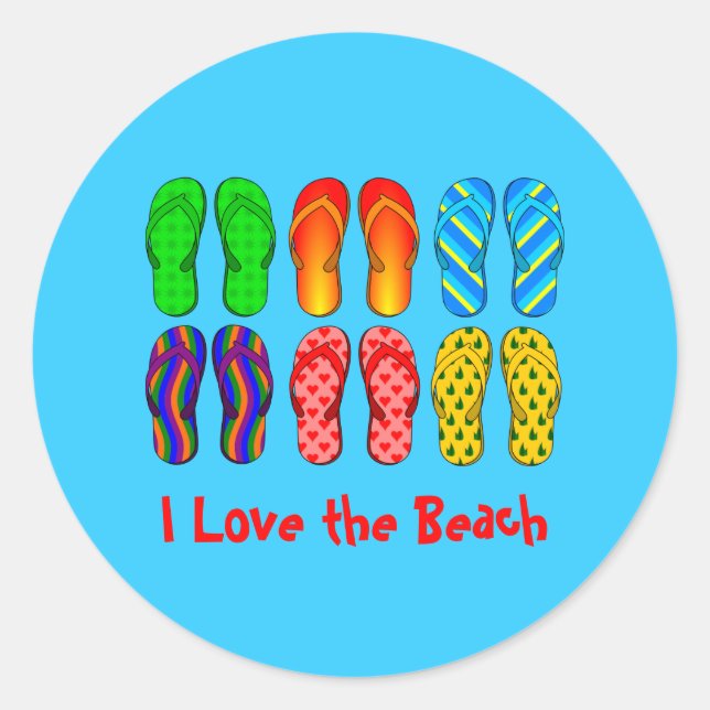 Pegatina Redonda Flip Flops, me encanta la playa (Anverso)