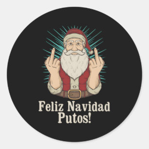 Pegatina Redonda Flip Off Santa Claus Bad Middle Finger Feliz Navid