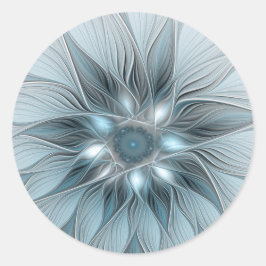 Pegatina Redonda Flor abstracta alegre azul gris fractal floral