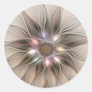 Pegatina Redonda Flor abstracta alegre beige marrón fractal