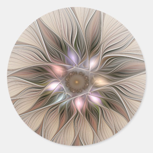 Pegatina Redonda Flor abstracta alegre beige marrón fractal (Anverso)