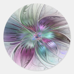 Pegatina Redonda Flor Abstracta Colorida Arte Fractal Floral Modern