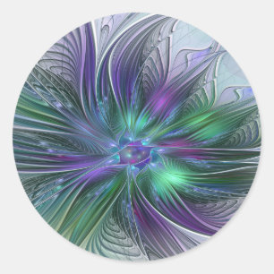 Pegatina Redonda Flor Abstracta Moderna Fractal Verde Púrpura