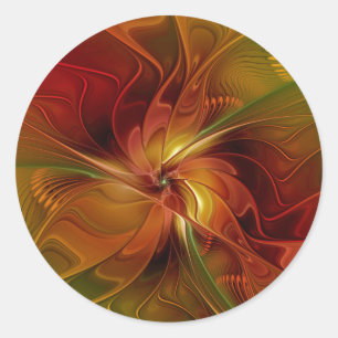 Pegatina Redonda Flor abstracto rojo naranja marrón verde arte frac
