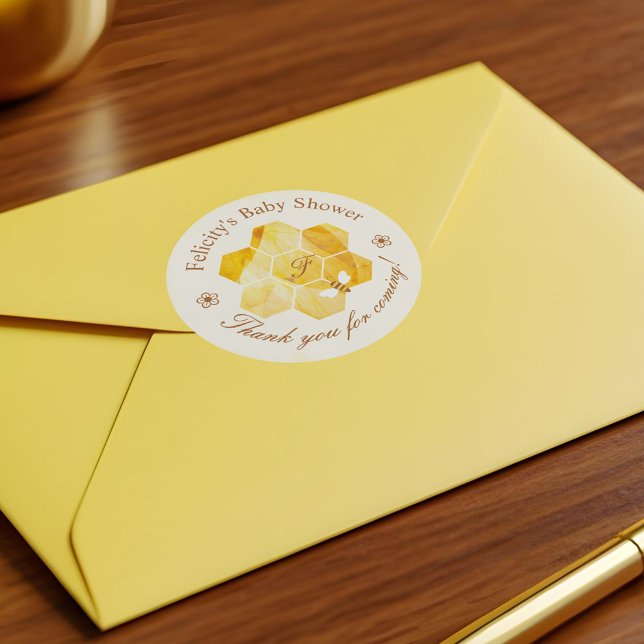 Pegatina Redonda Flor acuática de Honeycomb y Baby Shower de abeja (Honeycomb Watercolor Flower & Bee Baby Shower Classic Round Sticker)