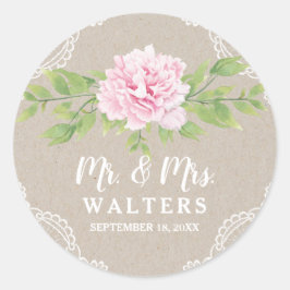 Pegatina Redonda Flor acuática rosa Rústica Kraft Lace | BODA