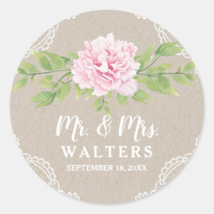 Pegatina Redonda Flor acuática rosa Rústica Kraft Lace BODA