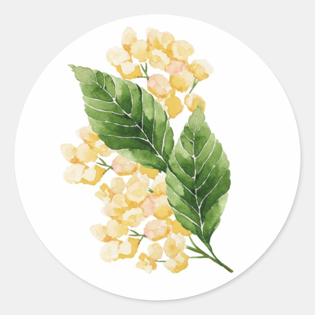 Pegatina Redonda Flor amarilla puesta en acuarela (Anverso)