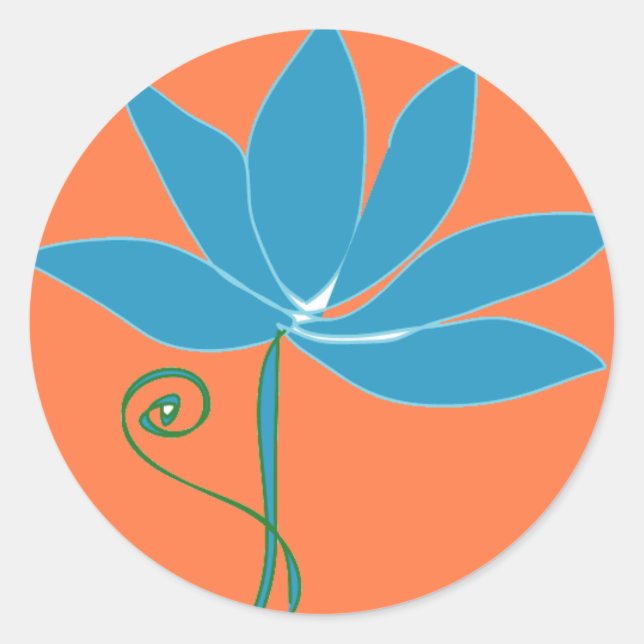 Pegatina Redonda Flor azul Lotus con fondo Naranja (Anverso)