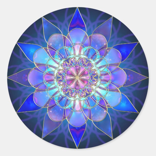 Pegatina Redonda Flor azul Mandala Fractal (Anverso)