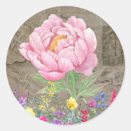 Pegatina Redonda Flor botánica, rosa rosado, periódicos antiguos